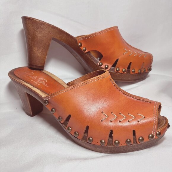 Carlo Pera-Made/Italy-Women's Slip on Clogs-Orange Leather-Sz 7-Studs-Wood-Open - Picture 4 of 16